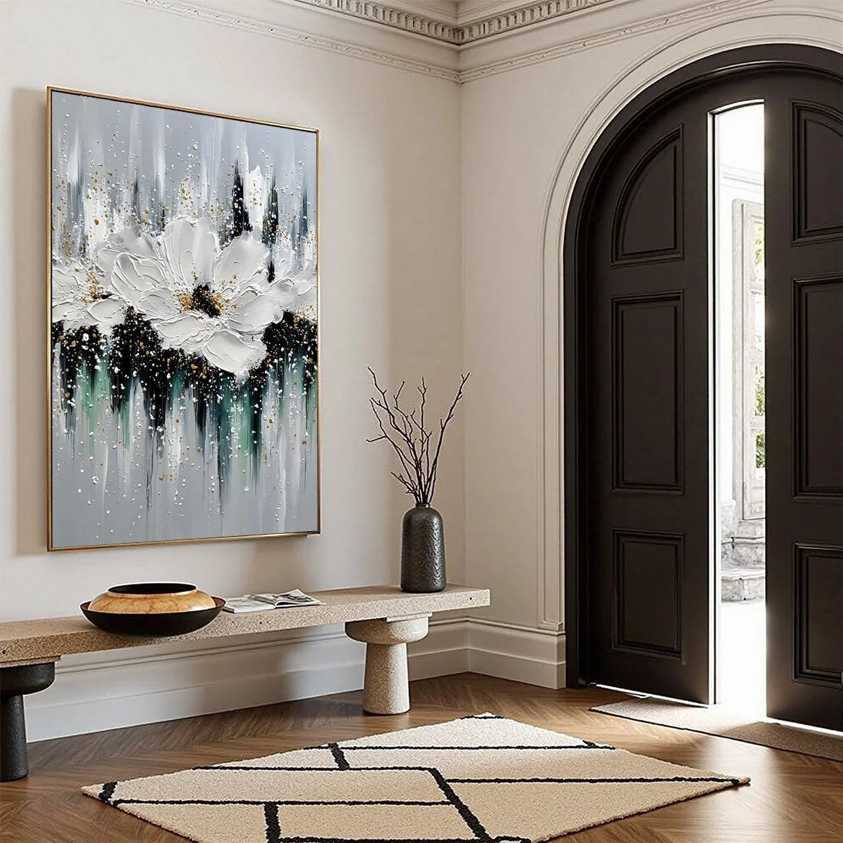 ECHOES IN WHITE: Textured White Flower Impasto Oil Painting with Gold Accents | yellow palette, original Hand-painted on premium stretched canvas using artist-grade oils; rich layered surface combi...