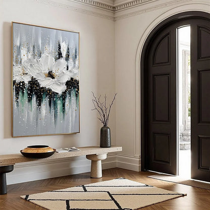 ECHOES IN WHITE: Textured White Flower Impasto Oil Painting with Gold Accents | yellow palette, original Hand-painted on premium stretched canvas using artist-grade oils; rich layered surface combi...