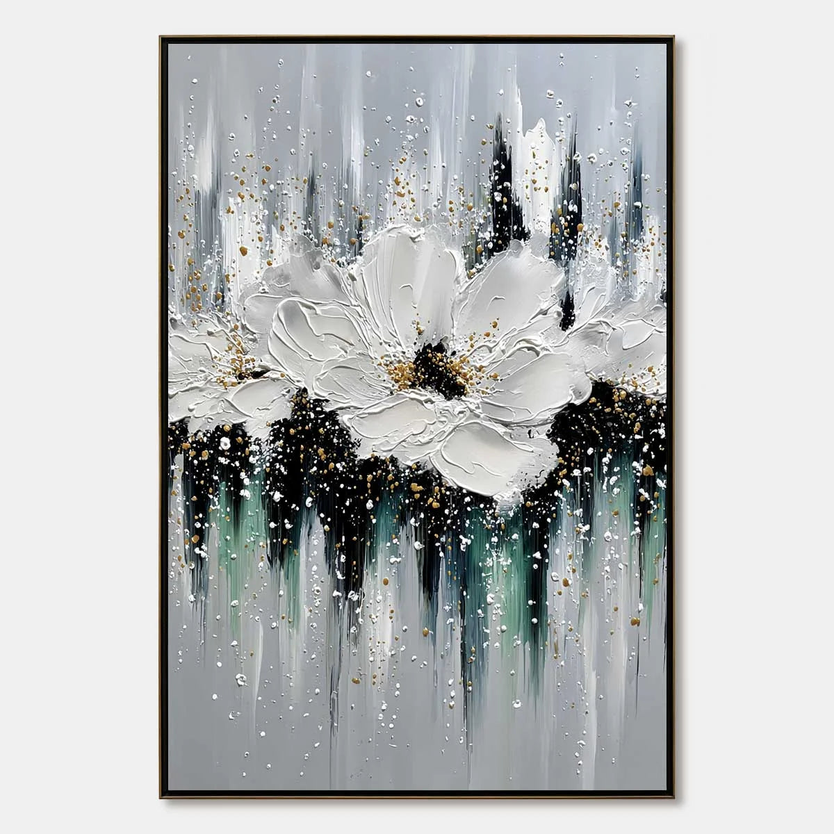 ECHOES IN WHITE: Textured White Flower Impasto Oil Painting with Gold Accents | hanging in ECHOES IN WHITE: Textured White Flower Impasto Oil Painting with Gold Accents featuring layered textured b...