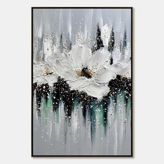 ECHOES IN WHITE: Textured White Flower Impasto Oil Painting with Gold Accents | hanging in ECHOES IN WHITE: Textured White Flower Impasto Oil Painting with Gold Accents featuring layered textured b...