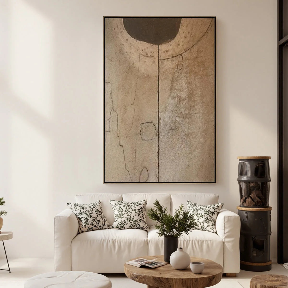 ECHOES OF EARTH: Textured Wabi Sabi Abstract Art for Modern Spaces | gold frame stretched on neutral wall