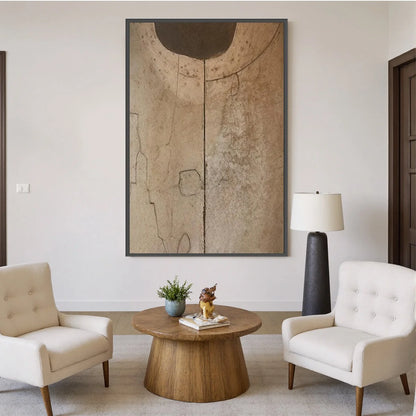 ECHOES OF EARTH: Textured Wabi Sabi Abstract Art for Modern Spaces | black frame version on white wall