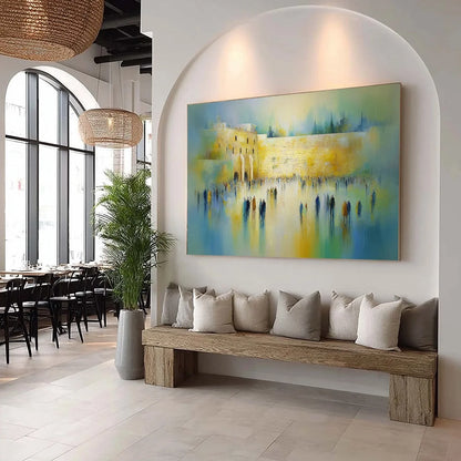 ECHOES OF ETERNITY: Large Figurative Cityscape Oil Painting of a Historic Wall | texture detail, palette knife marks visible