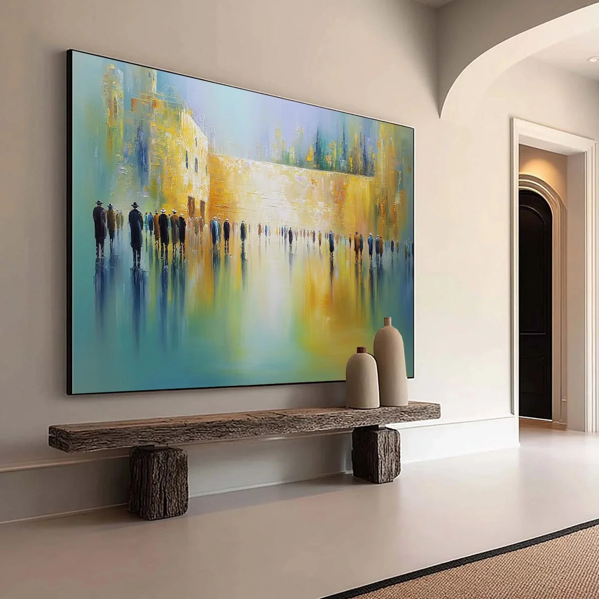 ECHOES OF ETERNITY: Large Figurative Cityscape Oil Painting of a Historic Wall | texture detail, palette knife marks visible
