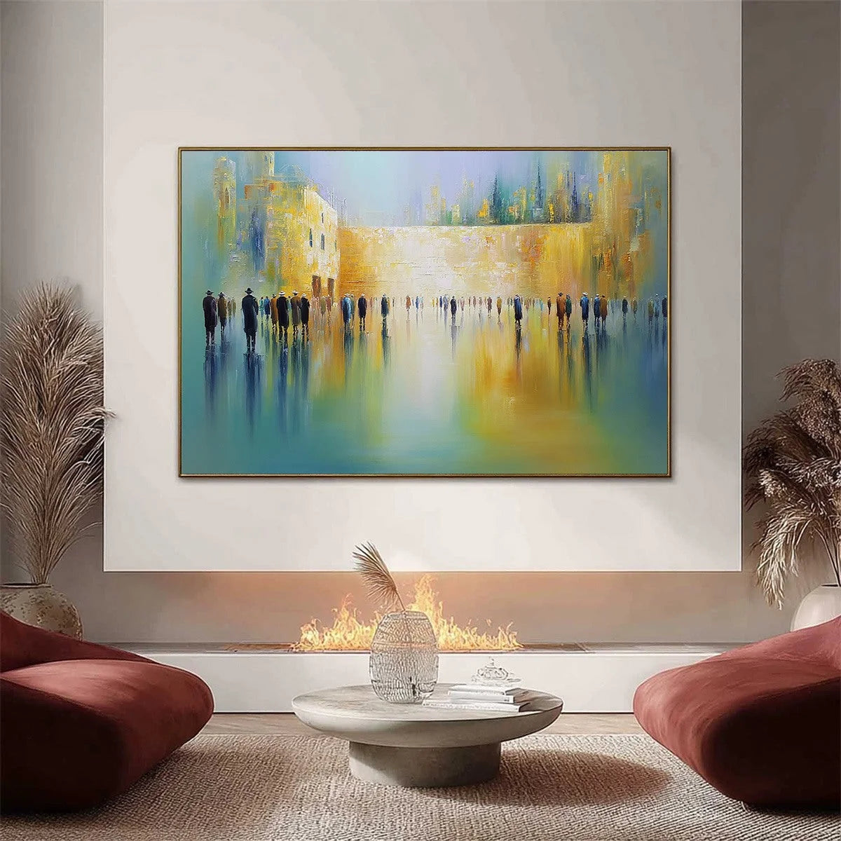ECHOES OF ETERNITY: Large Figurative Cityscape Oil Painting of a Historic Wall | gold frame stretched on neutral wall