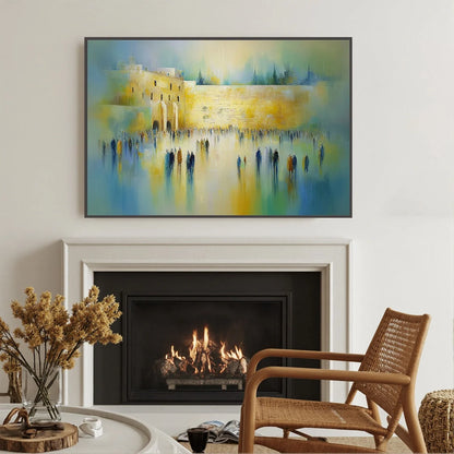 ECHOES OF ETERNITY: Large Figurative Cityscape Oil Painting of a Historic Wall | black frame version on white wall