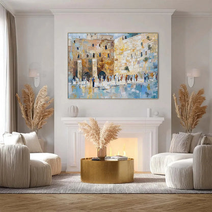 ECHOES OF ETERNITY: Textured Impasto Painting of a Historic Cityscape | gold frame stretched on neutral wall