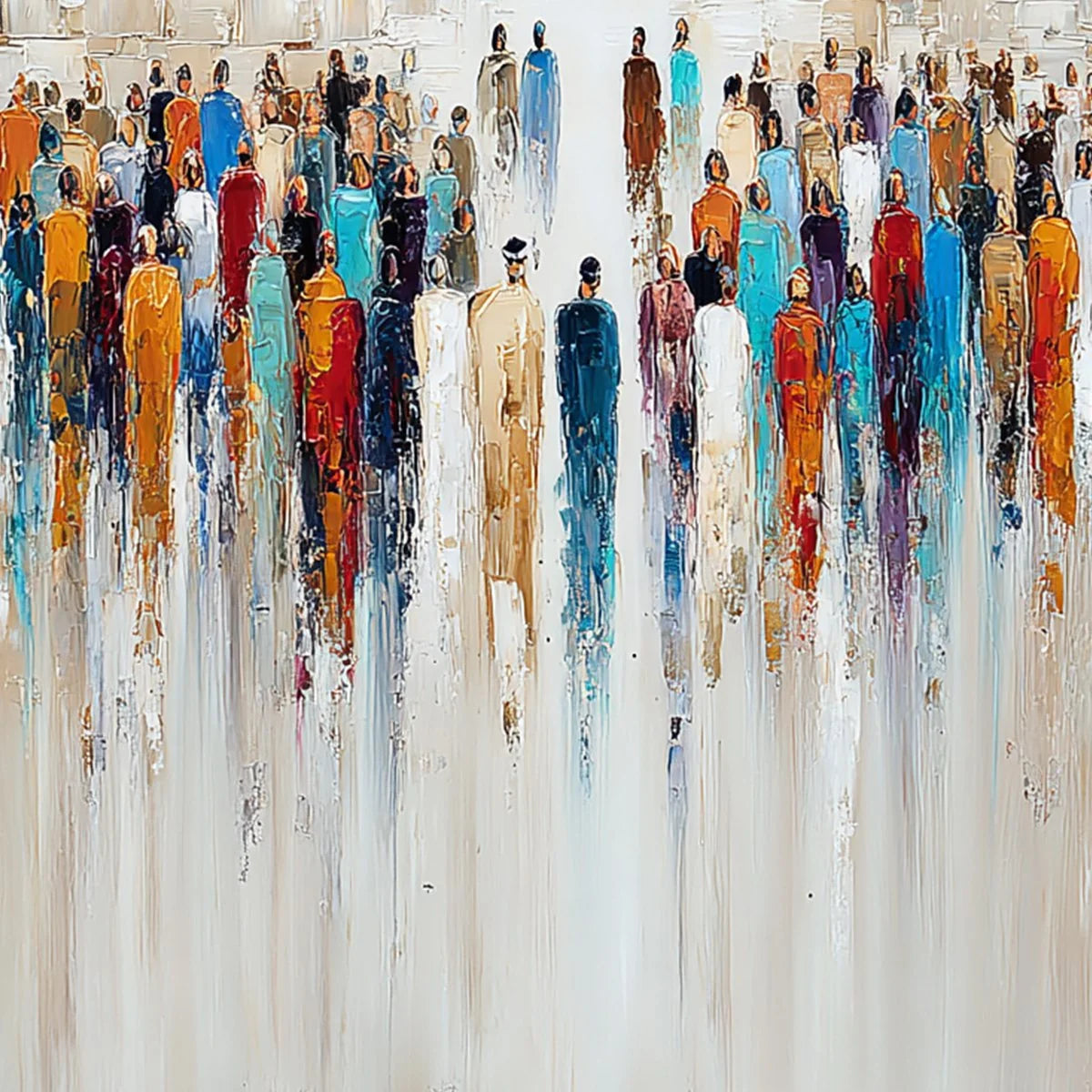 ECHOES OF FAITH: Textured Abstract Painting of a Spiritual Gathering | rectangular format, hand-painted canvas edge