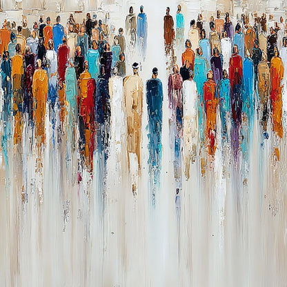 ECHOES OF FAITH: Textured Abstract Painting of a Spiritual Gathering | rectangular format, hand-painted canvas edge