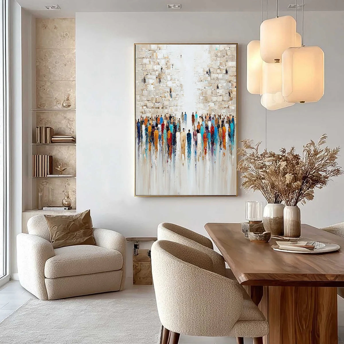 ECHOES OF FAITH: Textured Abstract Painting of a Spiritual Gathering | gold frame stretched on neutral wall