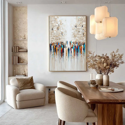 ECHOES OF FAITH: Textured Abstract Painting of a Spiritual Gathering | gold frame stretched on neutral wall