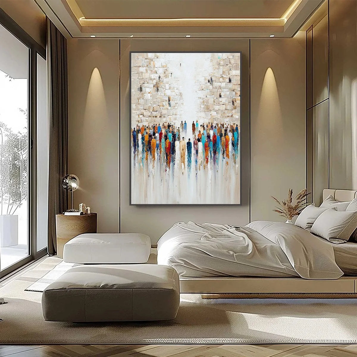 ECHOES OF FAITH: Textured Abstract Painting of a Spiritual Gathering | black frame version on white wall