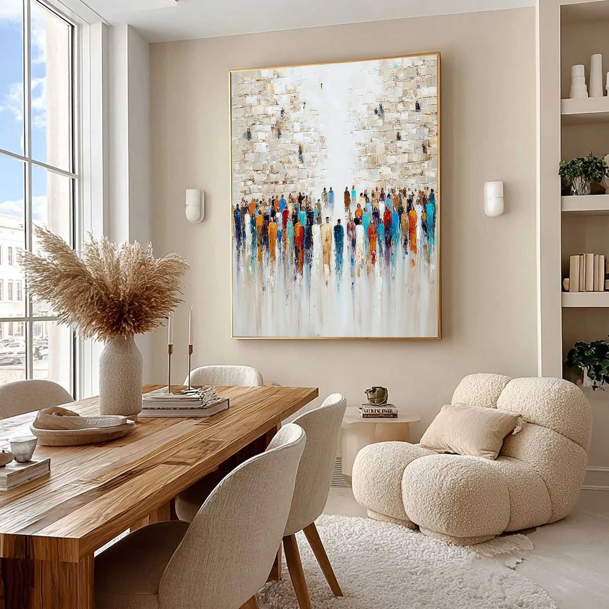 ECHOES OF FAITH: Textured Abstract Painting of a Spiritual Gathering | Abstract mood, soft natural light studio shot