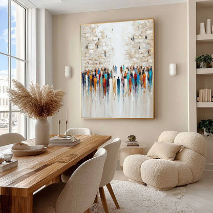ECHOES OF FAITH: Textured Abstract Painting of a Spiritual Gathering | Abstract mood, soft natural light studio shot