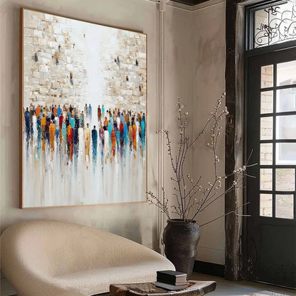 ECHOES OF FAITH: Textured Abstract Painting of a Spiritual Gathering | beige palette, original Hand-painted on premium stretched canvas using artist-grade oils; rich layered surface combines smooth...