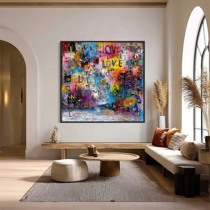 ECHOES OF LOVE: Vibrant Textured Abstract Graffiti Art Painting | Abstract closeup, raised brushwork detail