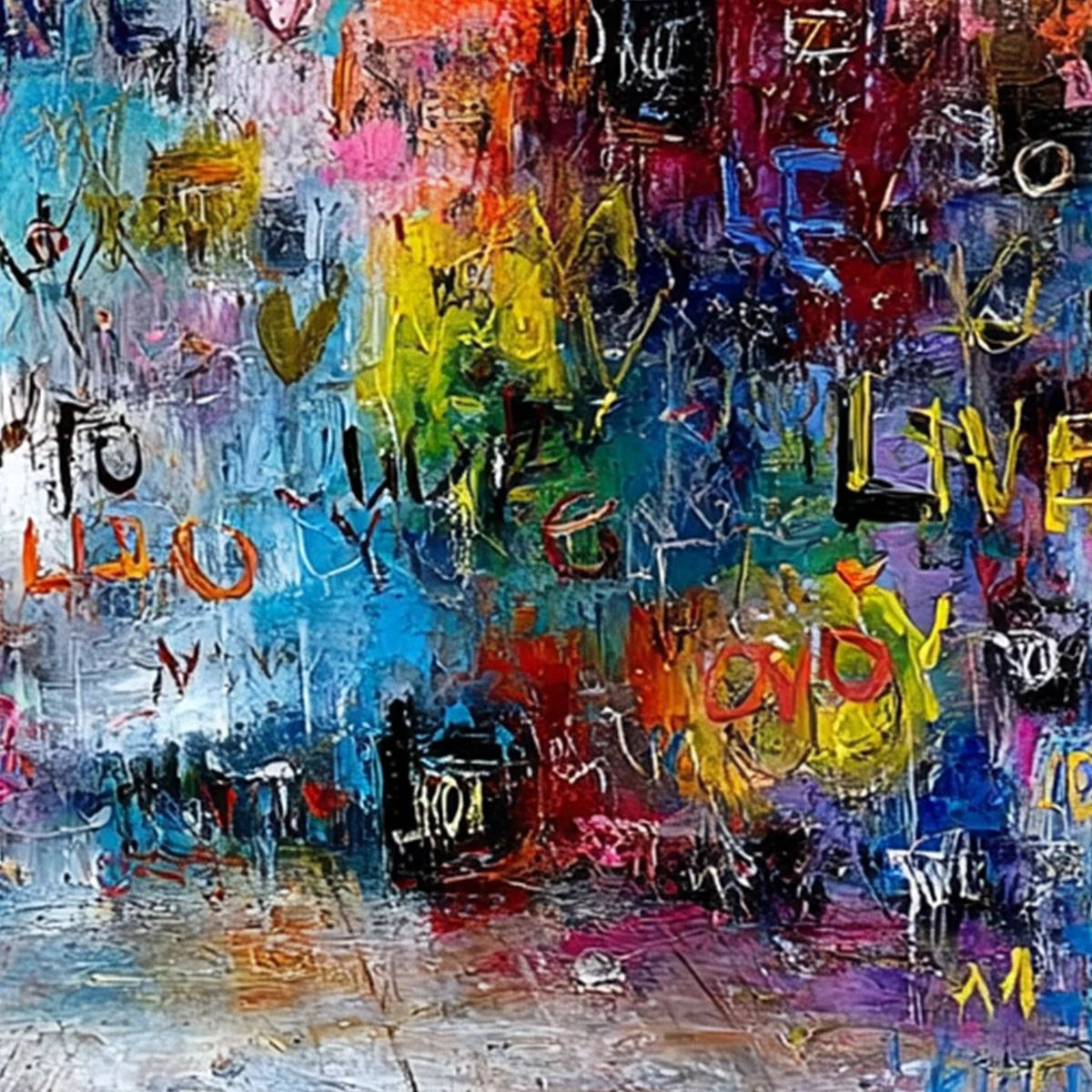 ECHOES OF LOVE: Vibrant Textured Abstract Graffiti Art Painting | rectangular format, hand-painted canvas edge