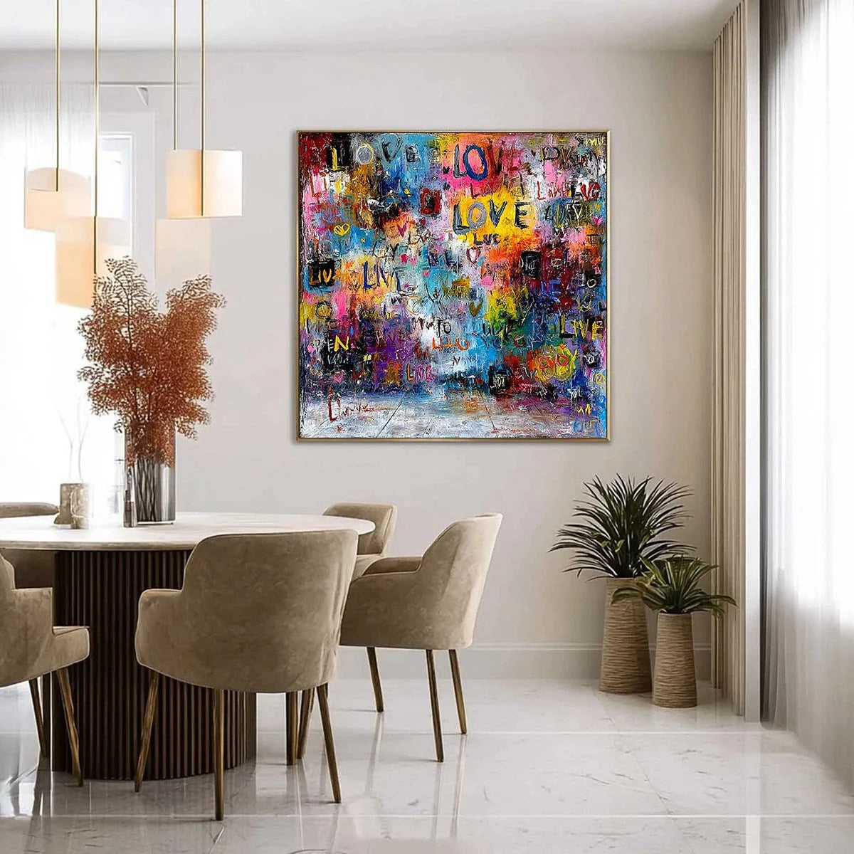 ECHOES OF LOVE: Vibrant Textured Abstract Graffiti Art Painting | gold frame stretched on neutral wall