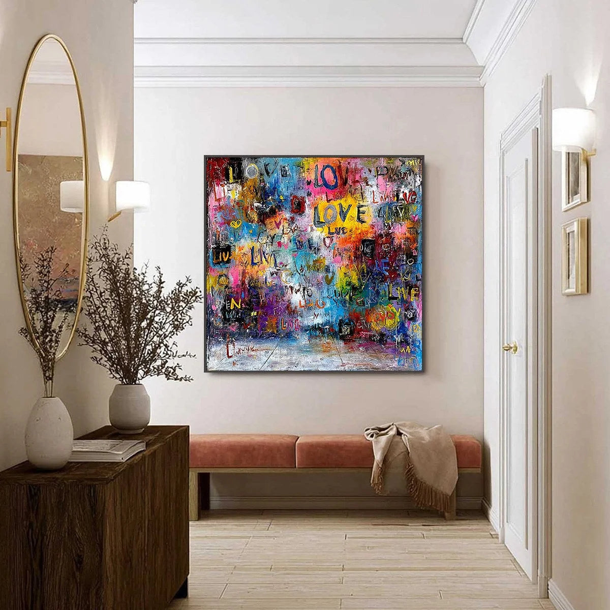 ECHOES OF LOVE: Vibrant Textured Abstract Graffiti Art Painting | black frame version on white wall