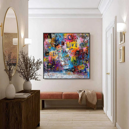ECHOES OF LOVE: Vibrant Textured Abstract Graffiti Art Painting | black frame version on white wall