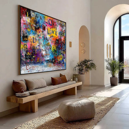 ECHOES OF LOVE: Vibrant Textured Abstract Graffiti Art Painting | Abstract mood, soft natural light studio shot