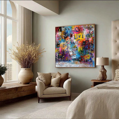 ECHOES OF LOVE: Vibrant Textured Abstract Graffiti Art Painting | beige palette, original Hand-painted on premium stretched canvas using artist-grade oils; rich layered surface combines smooth grad...