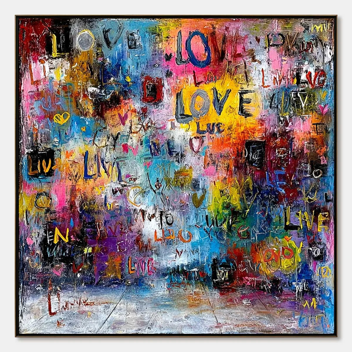 ECHOES OF LOVE: Vibrant Textured Abstract Graffiti Art Painting | hanging in ECHOES OF LOVE: Vibrant Textured Abstract Graffiti Art Painting featuring layered textured brushwork in refined tones; a...