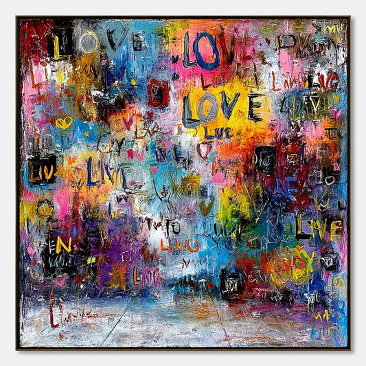 ECHOES OF LOVE: Vibrant Textured Abstract Graffiti Art Painting | hanging in ECHOES OF LOVE: Vibrant Textured Abstract Graffiti Art Painting featuring layered textured brushwork in refined tones; a...