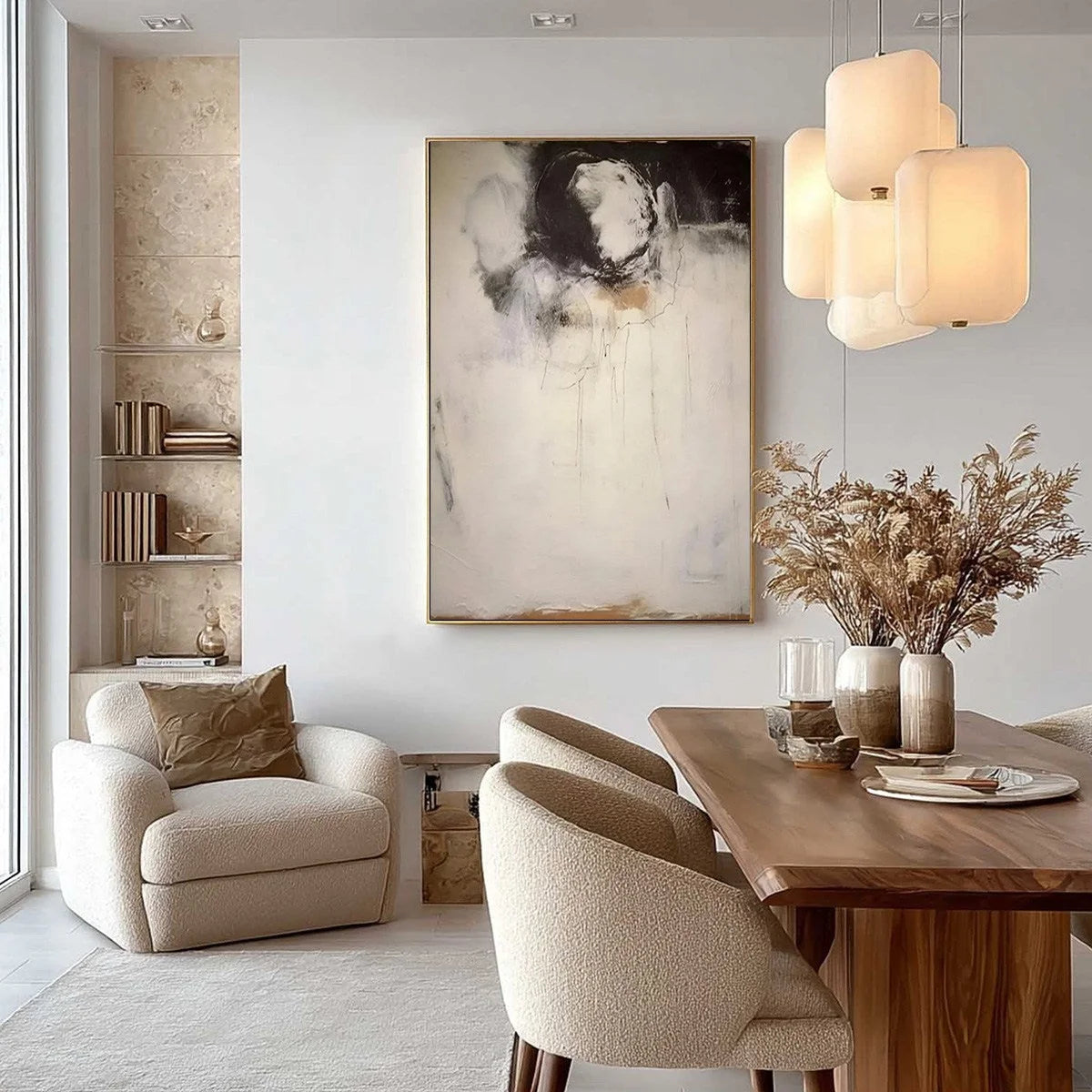 ECHOES OF SILENCE: Large Vertical Wabi Sabi Abstract Painting | gold frame stretched on neutral wall