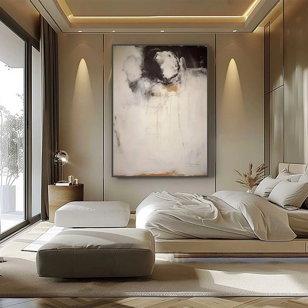 ECHOES OF SILENCE: Large Vertical Wabi Sabi Abstract Painting | black frame version on white wall