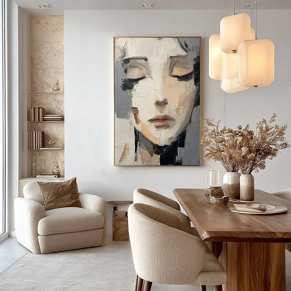 ECHOES OF SILENCE: Textured Abstract Portrait Oil Painting on Canvas | gold frame stretched on neutral wall