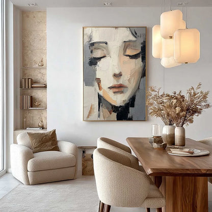 ECHOES OF SILENCE: Textured Abstract Portrait Oil Painting on Canvas | gold frame stretched on neutral wall
