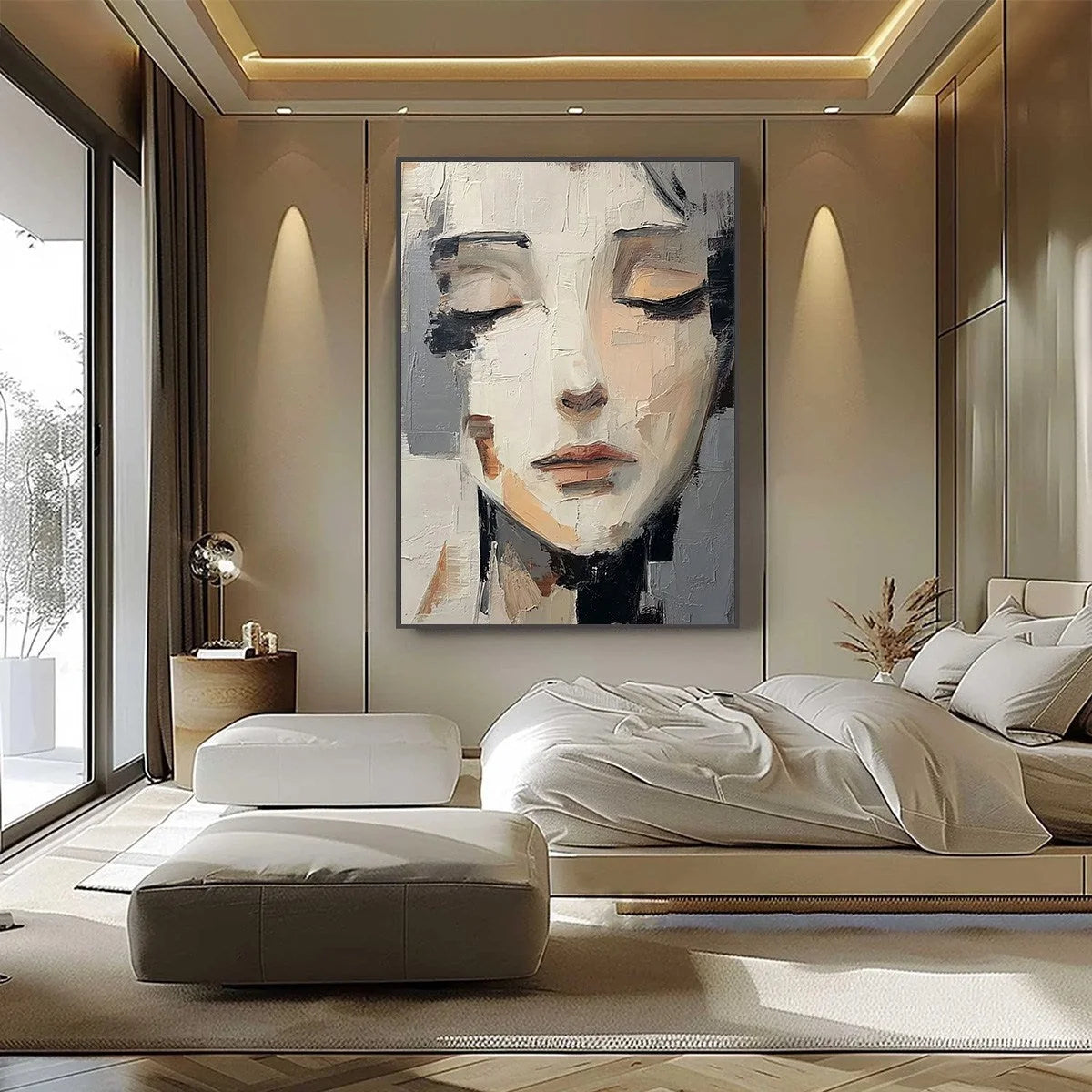 ECHOES OF SILENCE: Textured Abstract Portrait Oil Painting on Canvas | black frame version on white wall