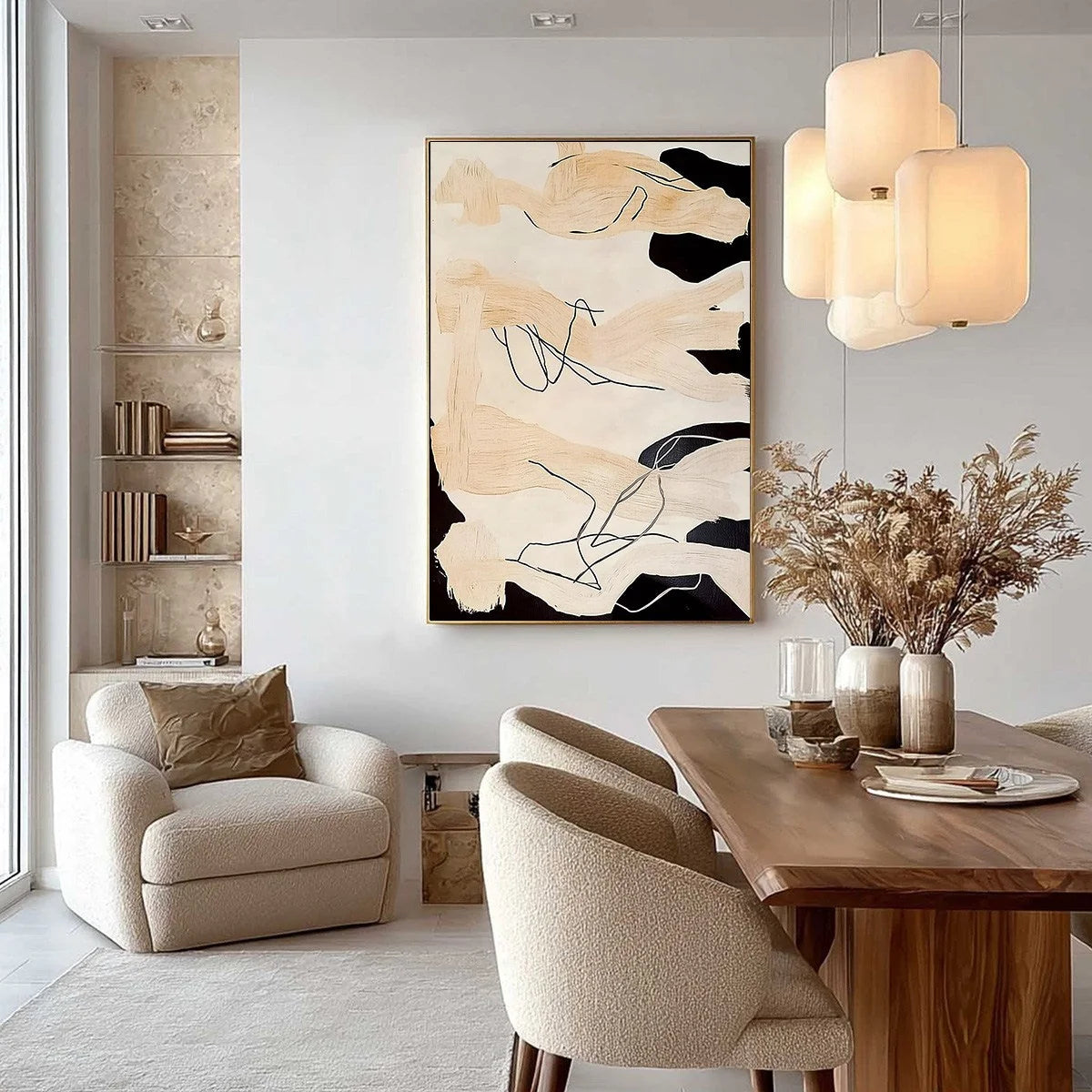 ECHOES OF SILENCE: Vertical Wabi Sabi Abstract Painting in Neutral Tones | gold frame stretched on neutral wall