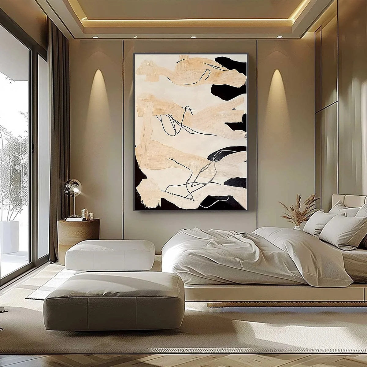 ECHOES OF SILENCE: Vertical Wabi Sabi Abstract Painting in Neutral Tones | black frame version on white wall