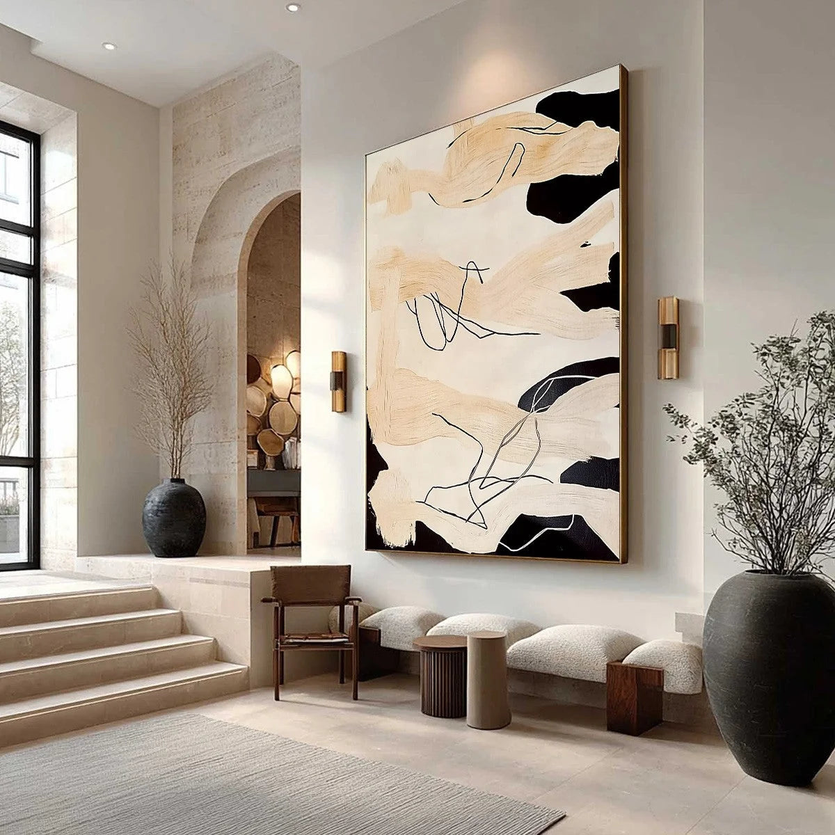ECHOES OF SILENCE: Vertical Wabi Sabi Abstract Painting in Neutral Tones | Abstract mood, soft natural light studio shot