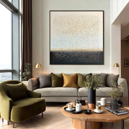 ECHOES OF STILLNESS: Large Square Textured Minimalist Abstract Painting | gold frame stretched on neutral wall