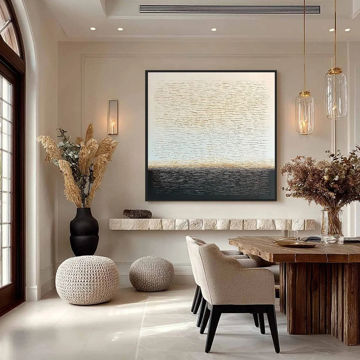 ECHOES OF STILLNESS: Large Square Textured Minimalist Abstract Painting | black frame version on white wall