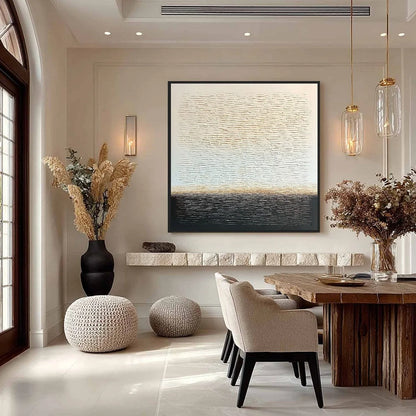 ECHOES OF STILLNESS: Large Square Textured Minimalist Abstract Painting | black frame version on white wall