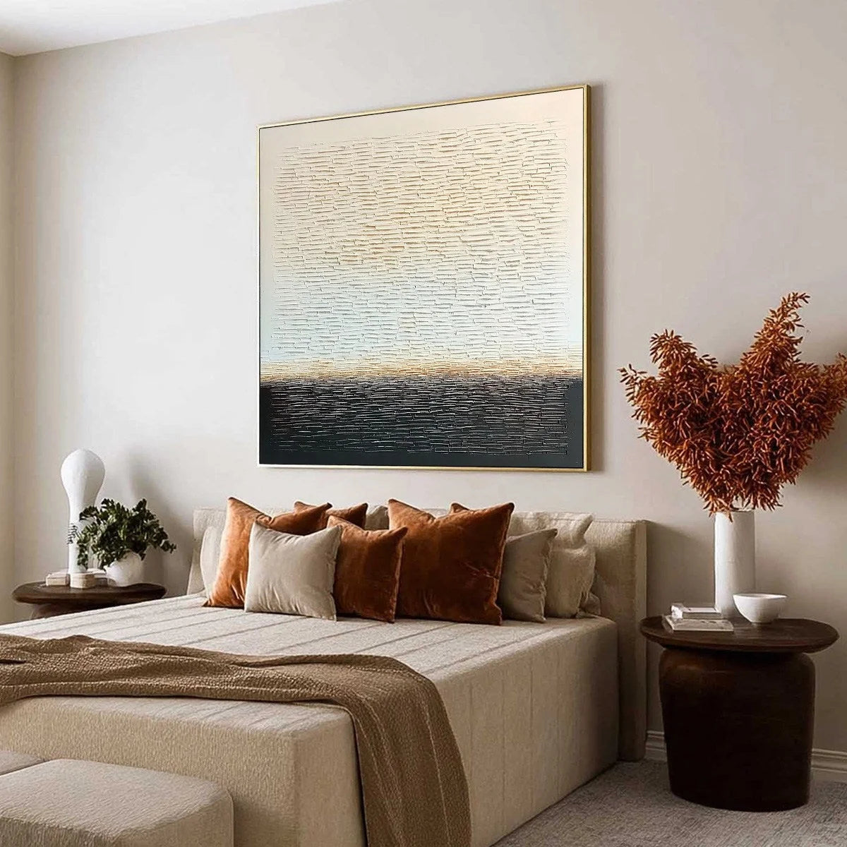 ECHOES OF STILLNESS: Large Square Textured Minimalist Abstract Painting | Minimalist mood, soft natural light studio shot