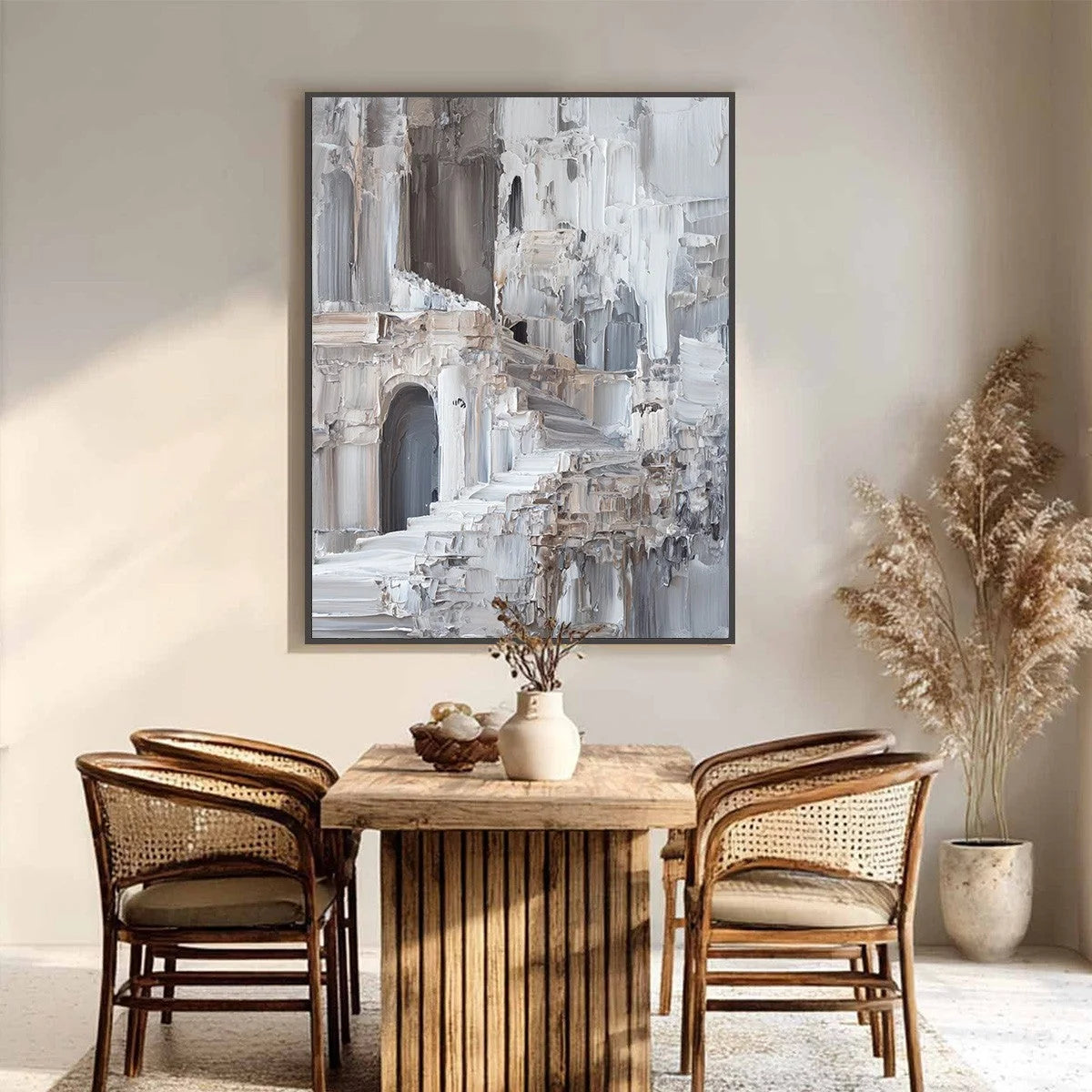 ECHOES OF STONE: Textured Impasto Architectural Painting | gold frame stretched on neutral wall