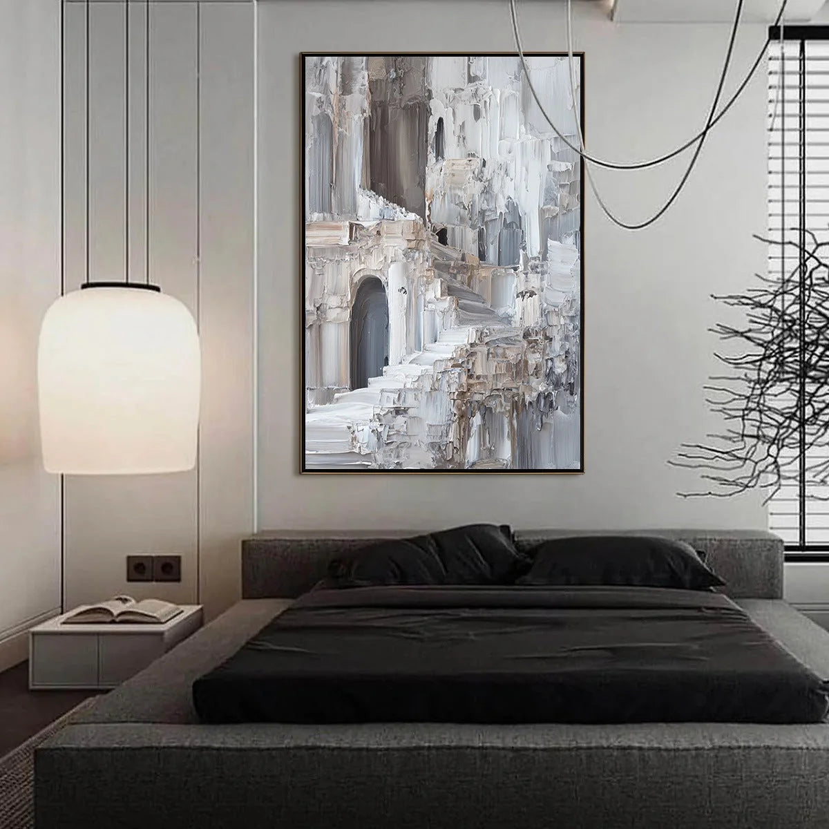 ECHOES OF STONE: Textured Impasto Architectural Painting | black frame version on white wall