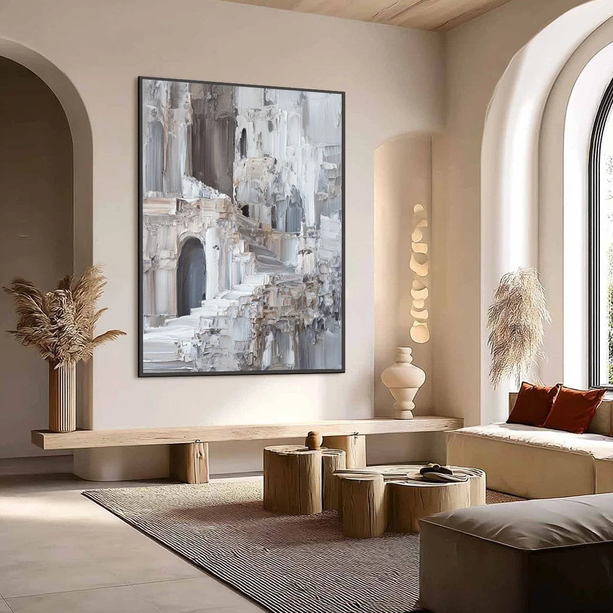 ECHOES OF STONE: Textured Impasto Architectural Painting | Abstract mood, soft natural light studio shot
