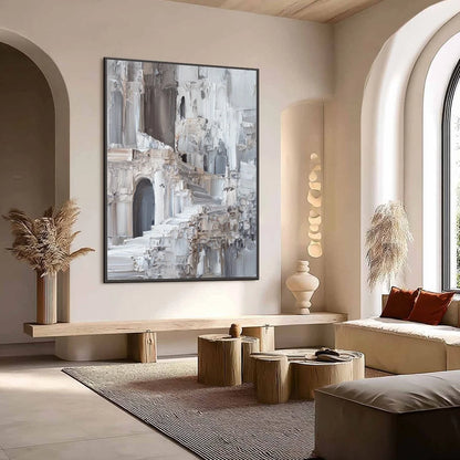 ECHOES OF STONE: Textured Impasto Architectural Painting | Abstract mood, soft natural light studio shot