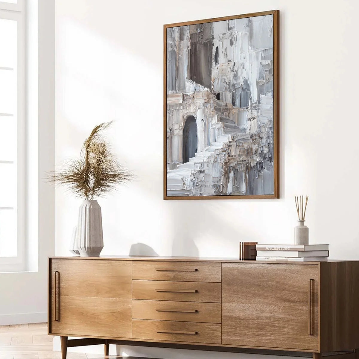 ECHOES OF STONE: Textured Impasto Architectural Painting | beige palette, original Hand-painted on premium stretched canvas using artist-grade oils; rich layered surface combines smooth gradients w...