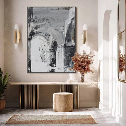 ECHOES OF THE ARCADE: Monochrome Abstract Architectural Painting | Abstract closeup, raised brushwork detail