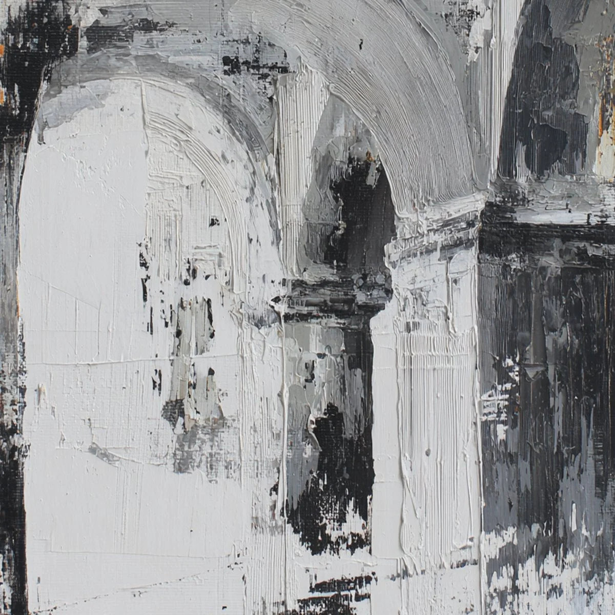 ECHOES OF THE ARCADE: Monochrome Abstract Architectural Painting | rectangular format, hand-painted canvas edge