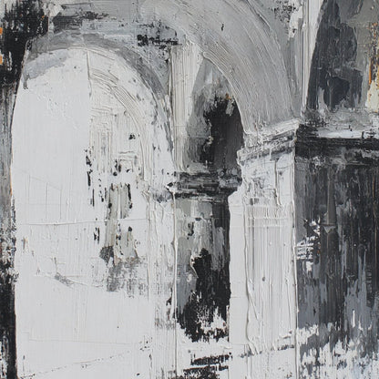 ECHOES OF THE ARCADE: Monochrome Abstract Architectural Painting | rectangular format, hand-painted canvas edge