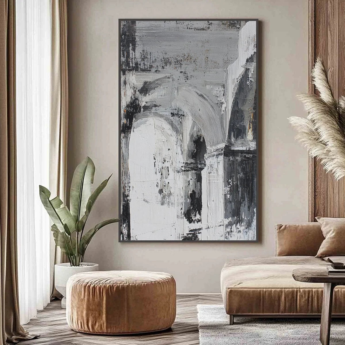 ECHOES OF THE ARCADE: Monochrome Abstract Architectural Painting | gold frame stretched on neutral wall