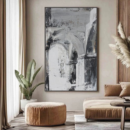 ECHOES OF THE ARCADE: Monochrome Abstract Architectural Painting | gold frame stretched on neutral wall